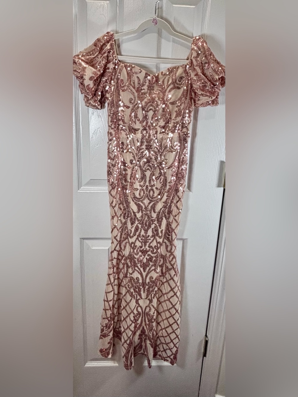 Alisa & Leo rose nude sequin dress W/ gold floral scrollwork design Sz 8 Youth